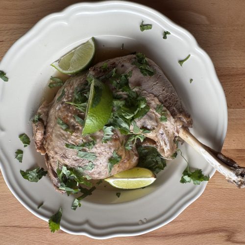 Slow-braised BC turkey legs in smoky spiced broth, fall-off-the-bone tender and ready to shred for tacos